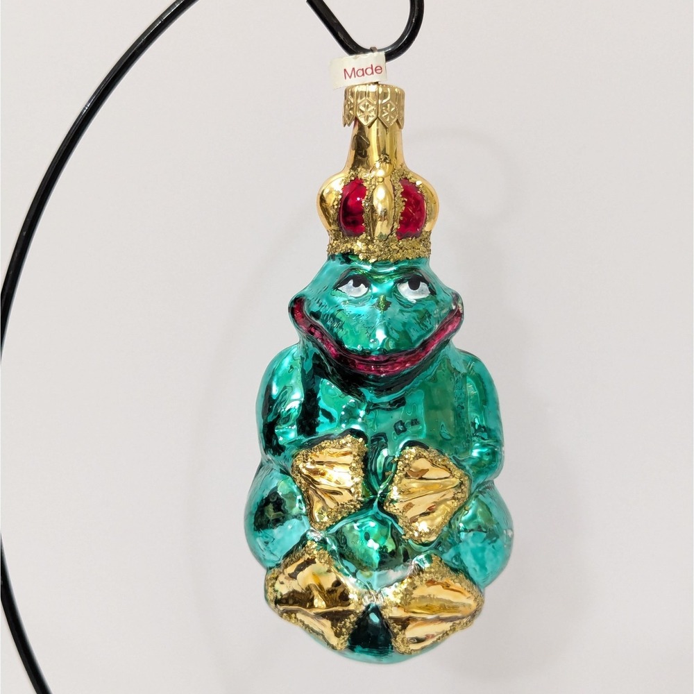 Vintage Frog Prince Blown Glass Ornament 5" Poland Glitter Crown Christmas